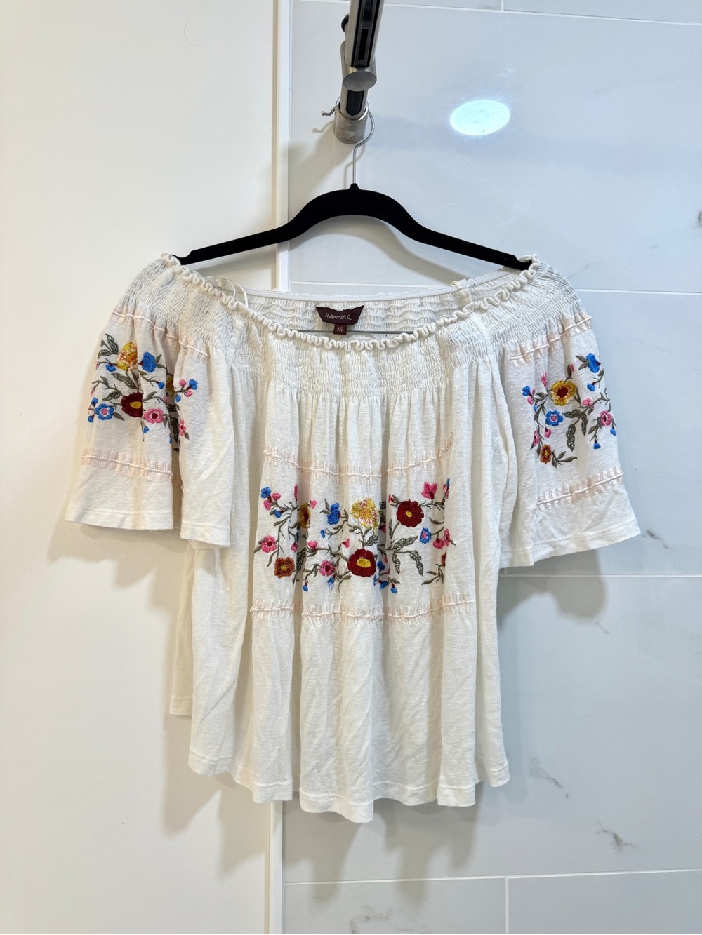 Anthropologie Ranna Gill Embroidered Off Shoulder Top